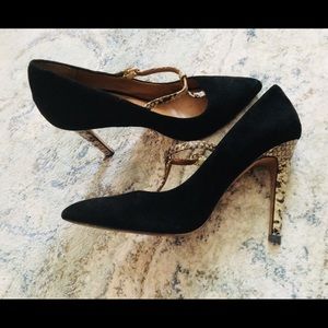 Coach black suede pumps with animal print heels